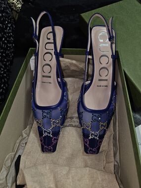 Gucci Blue Embroidered Crystal Gg Slingback Pumps 36.5
